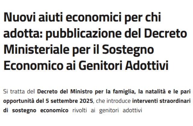 Nuovi aiuti economici per chi adotta: pubblicazione del Decreto Ministeriale per il Sostegno Economico ai Genitori Adottivi